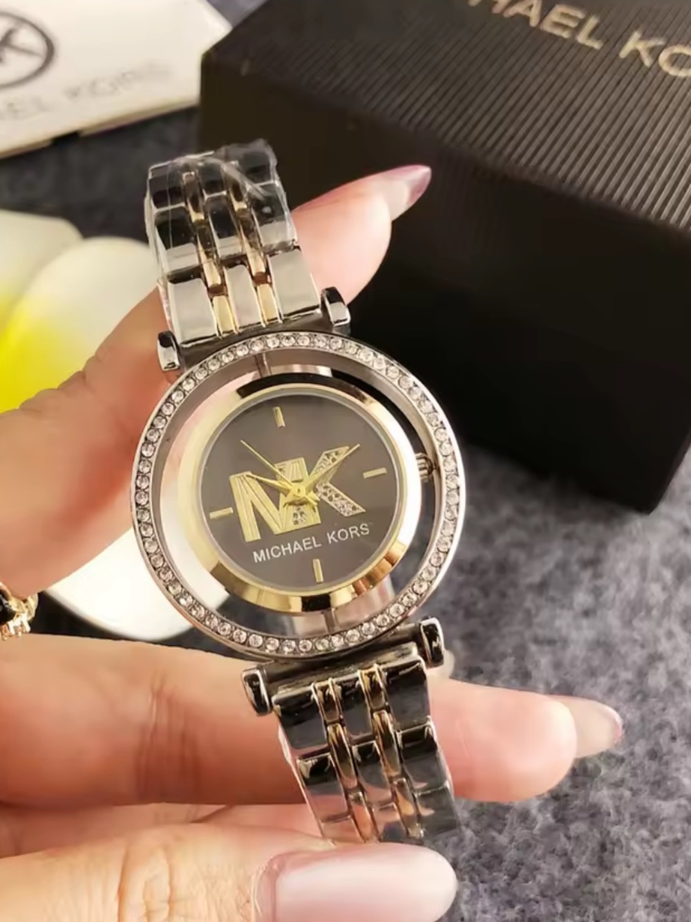 Designer inspired Michael Kors Women's Two-Tone Black Dial Crystal Bezel Watch